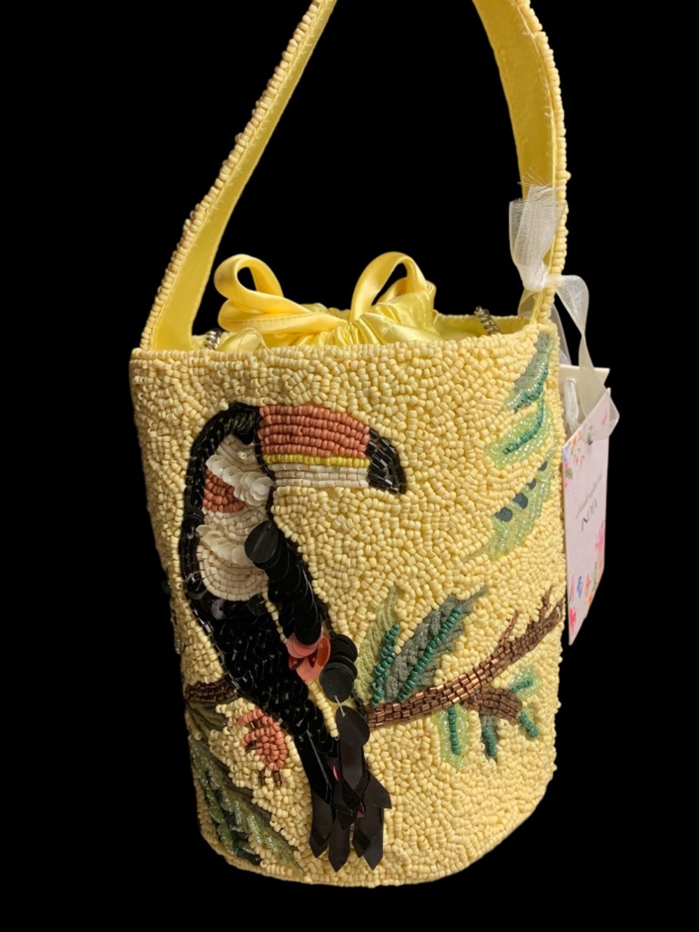 Toucan Yellow Beaded Sequin Bucket Handbag Handcrafted in India Crossbody Purse